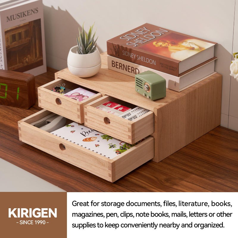 Kirigen Natural Wooden Desktop Organizer - Office Supplies Filing Tidy Storage Shelf - Storage Cabinet/Jewelry Organizer with 3 Drawers (NA, 2-Layer &3 Drawers) - Image 4